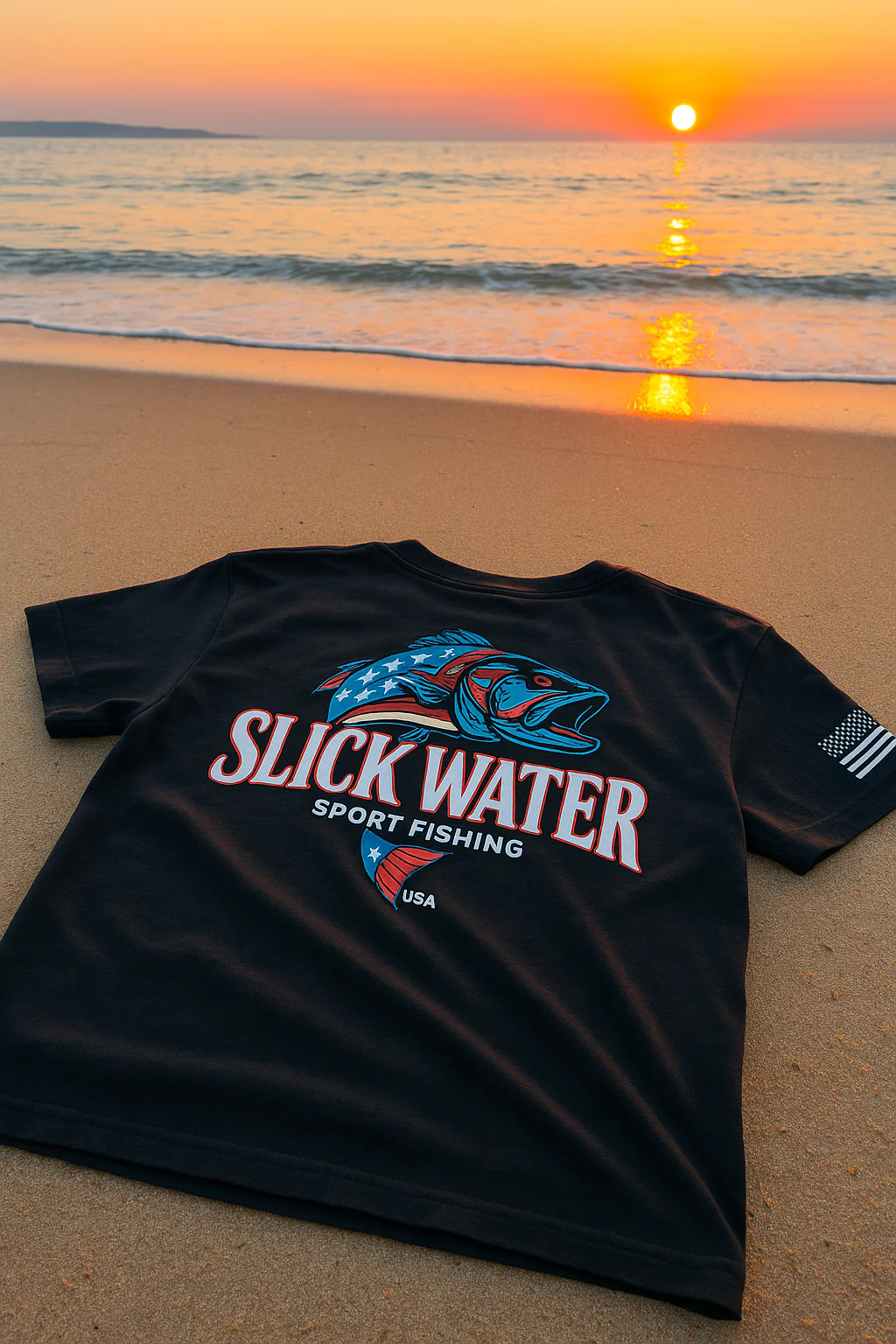 Black t-shirt with 'Slick Water Sport Fishing' design on a beach at sunset