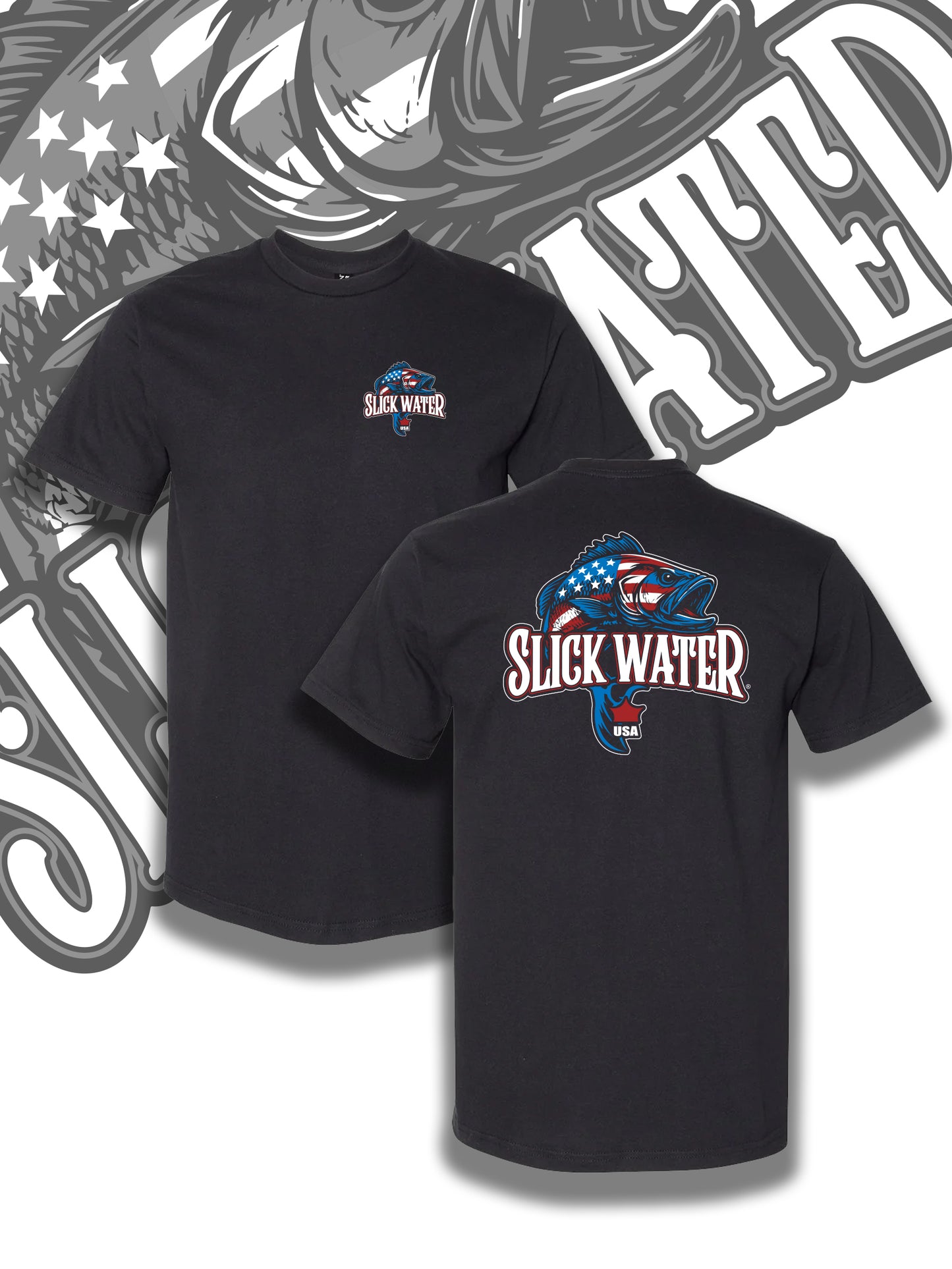 Black t-shirt with 'Slick Water' logo on front and back, against a decorative background.