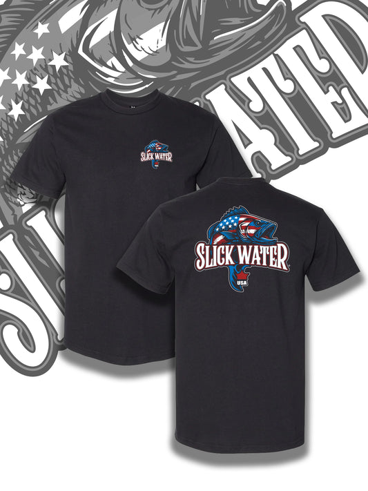 Black t-shirt with 'Slick Water' logo on front and back, against a decorative background.